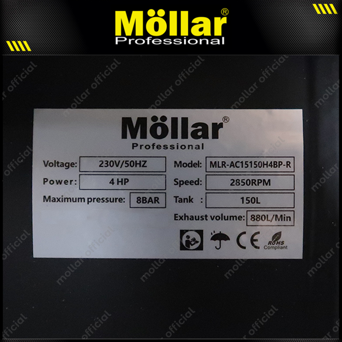 MOLLAR MLR-AC15150H4BP-R Mesin Kompresor Angin Oilless 4x1 HP 150 Liter Black Panther