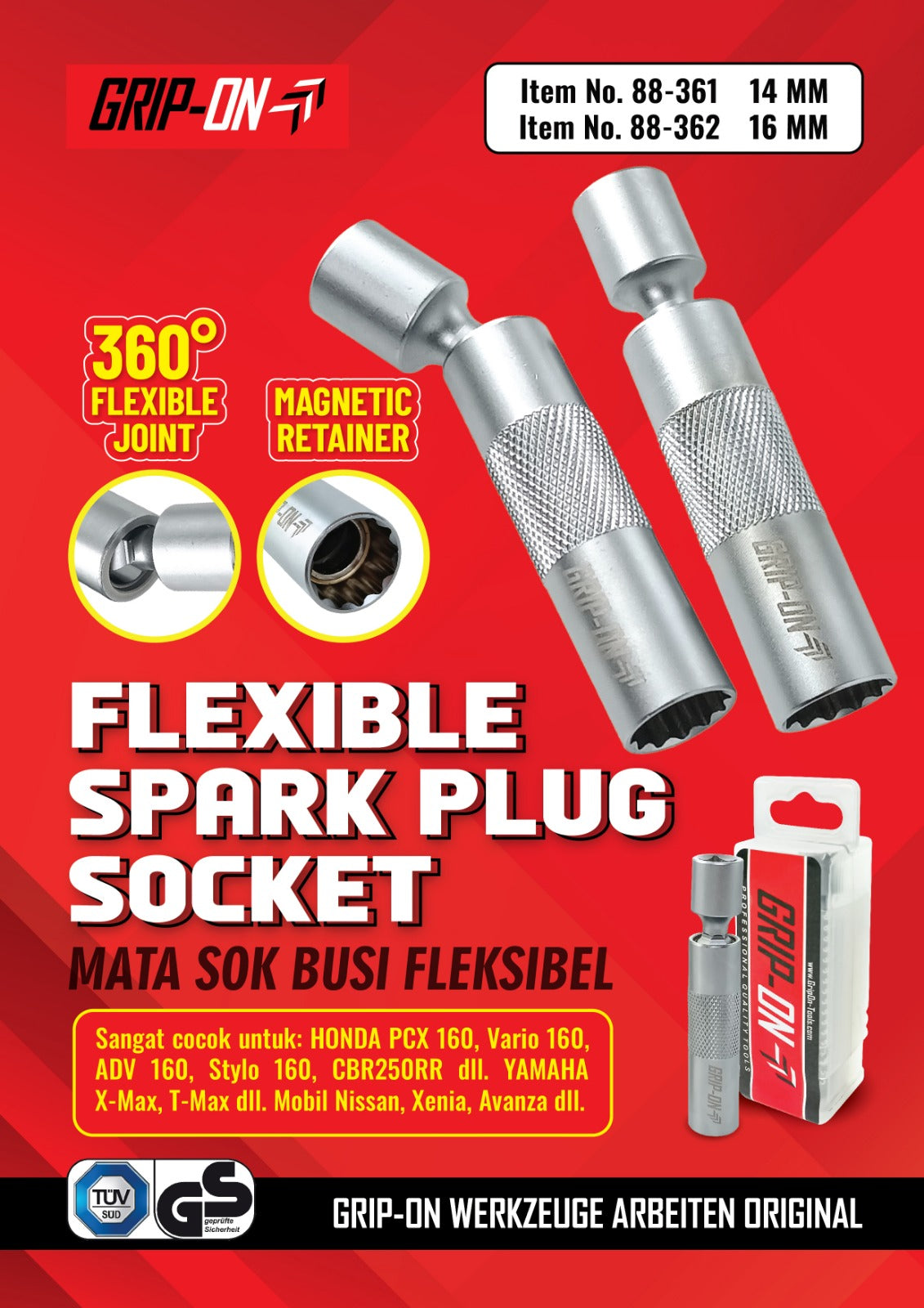 GRIPON 88-361 Mata Sok Busi Fleksibel 3/8" x 14 mm / Flexible Spark Plug Socket