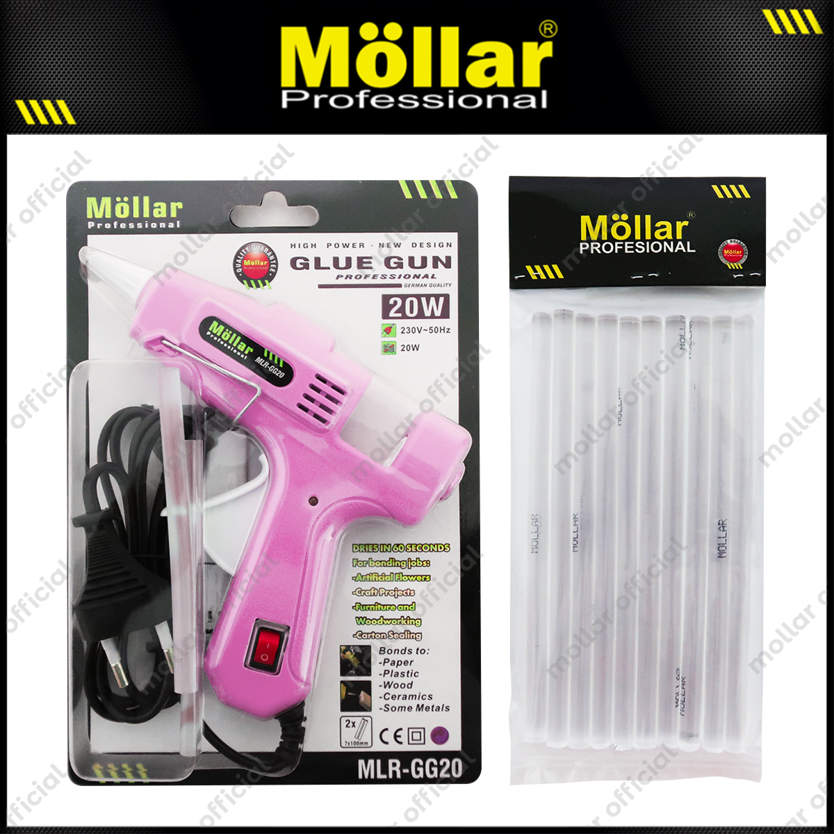 [PAKET] MOLLAR Glue Gun 20 Watt Pink & 10 Pcs Refill Lilin Lem Tembak
