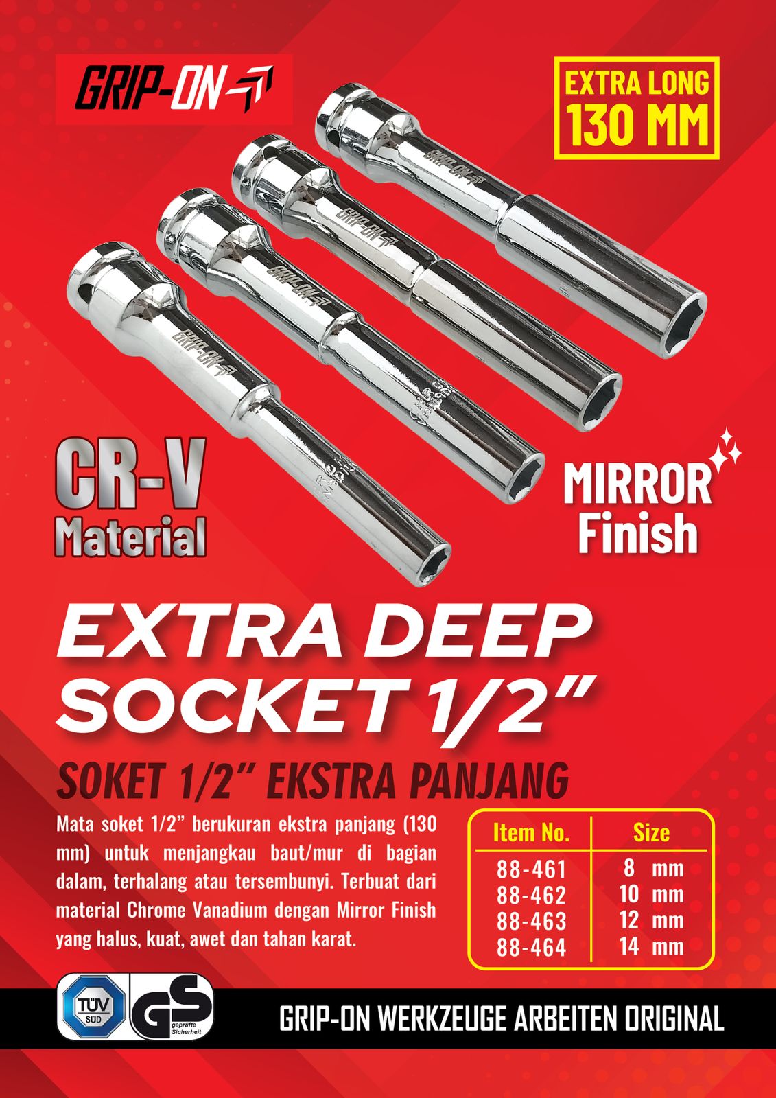 GRIPON 88-461 Mata Sok Panjang 1/2" 8 mm / Extra Deep Socket