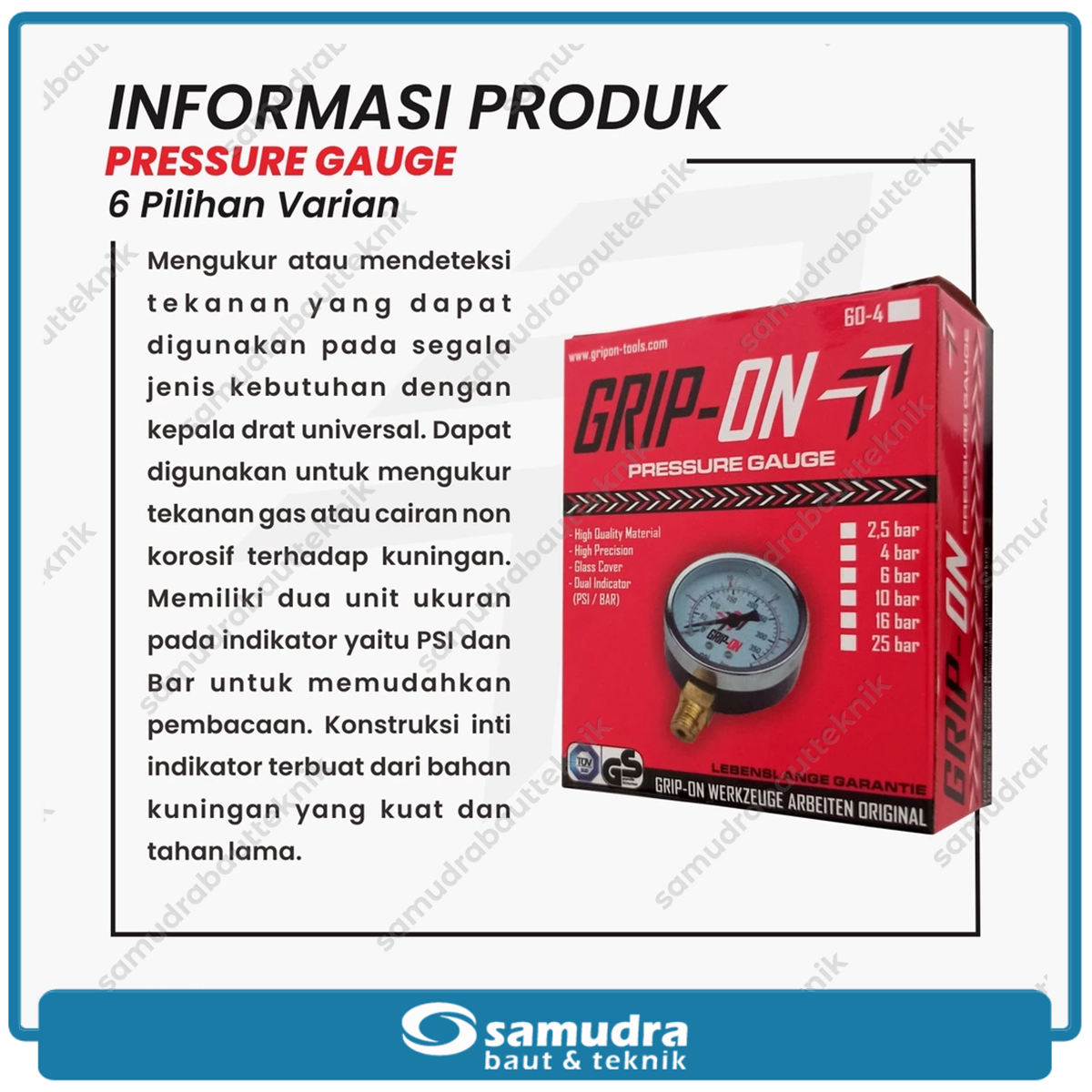GRIPON 60-410 Alat Ukur Tekanan Angin Lonceng 10 bar