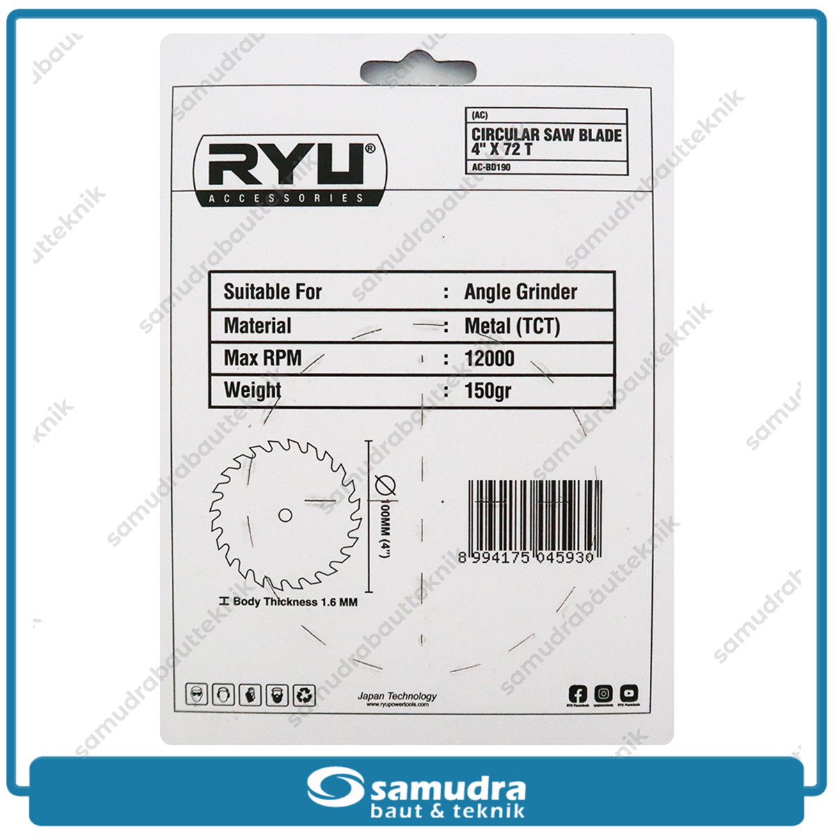 RYU AC-BD190 Mata Gerinda Potong Kayu 4"x72T / Circular Saw Blade