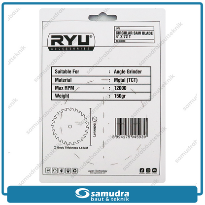 RYU AC-BD190 Mata Gerinda Potong Kayu 4"x72T / Circular Saw Blade