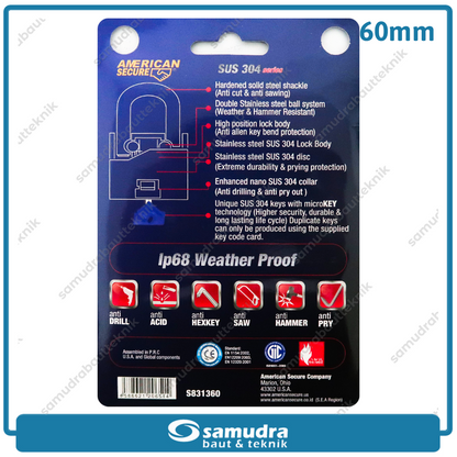 AMERICANSECURE Gembok 60 mm Long / Gembok Leher Panjang